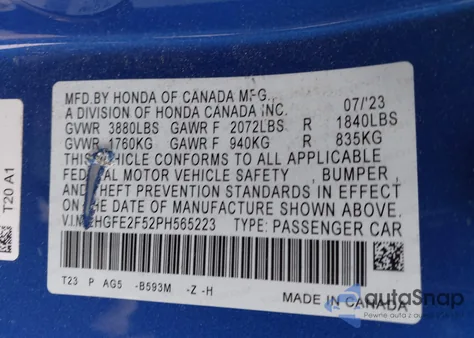 2023 Honda Civic Sport from USA, damaged, VIN 2HGFE2F52PH565223